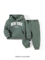 Bon&Bon Baby Boy Letter Graphic Hooded Thermal Sweatshirt And Jogger Pants Set Green / 6-9M