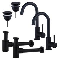 Fortifura Calvi Wastafelkraanset - voor dubbele wastafel - hoge wastafelkraan - draaibare uitloop - always open plug - verlaagde design sifon - Mat zwart 2x SW809347/2x SW696205/2x SW696215