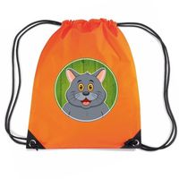 Grijze kat dieren trekkoord rugzak / gymtas oranje voor kinderen - thumbnail