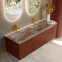 Badmeubel Mondiaz Kurve-Dlux | 145 cm | Meubelkleur Ruby | Wastafelkleur Sombra | Solid surface | Dubbel / Links spoelbak | 2 kraangaten
