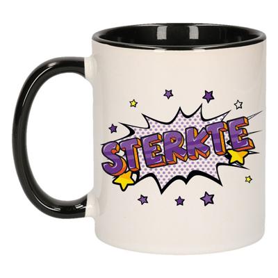 Sterkte cadeau koffie mok - drinkbeker - wit en zwart - met sterren - 300 ml Sterkte cadeau koffie mok - drinkbeker - wit en zwart - met sterren - 300 ml