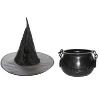 Heksen accessoires set hoed met ketel 24 cm voor meisjes - thumbnail