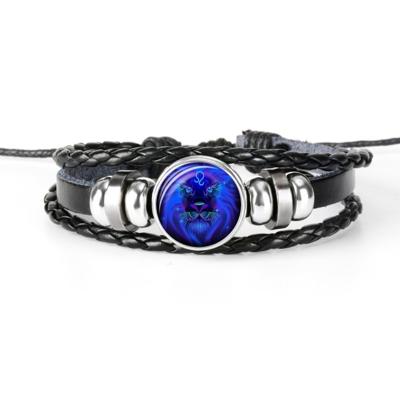 12 sterrenbeeld zwart gevlochten lederen glazen koepel Punk mannen Bracelet(Leo)