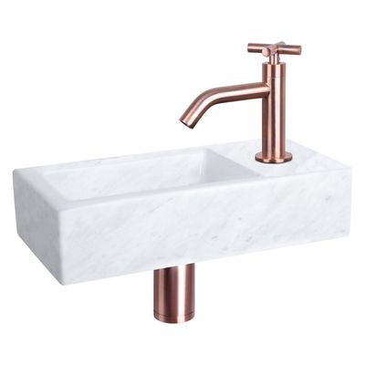 Differnz Helios fonteinset - 37.5x18.5x9.5cm - Rechthoek - 1 kraangat - Gebogen koperen kraan - kruisgreep - Mineraalsteen Marmer 38.401.41