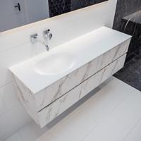 Mondiaz Vica Moon badmeubel wit carrara mat 150 cm 2 lades solid surface enkele spoelbak links zonder kraangat - thumbnail