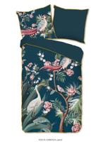 Descanso Dekbedovertrek "kraanvogel met bloemen" - Petrol - (135x200 cm) - Biologisch Katoen satijn
