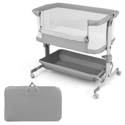 3-In-1 Bijzetbed Reisbed Baby met Matras Babybed 6 Vakken in Hoogte Verstelbaar met Opbergmand en Draagtas Grijs