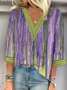 V Neck Ombre Casual Lace Shirt