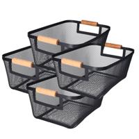 Opbergmand - 4x - met handgrepen - zwart - metaal - 31 x 22 x 14 cm - draadmand