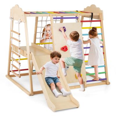 8-in-1 Jungle Gymnastiekset Houten Montessori Klim Speelgoed met Klimstangen Meerkleurig