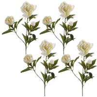 Kunstbloem pioenrozen tak - 4x - 3 bloemen - wit - 70 cm - decoratie