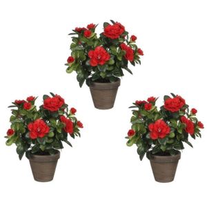 Set van 3x stuks groene Azalea kunstplanten rode bloemen 27 cm in pot stan grey