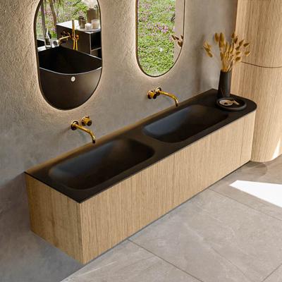 Mondiaz KURVE 175 cm Onderkast Greeploos 2 Lades Met Deuren Oak, Wastafel Solid Surface Links Urban 0 Kraangaten Zonder Spiegel (KRVBGS175R2L1D0KD-Oak/Urb)