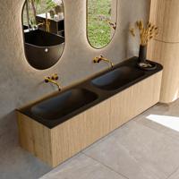 Mondiaz KURVE 175 cm Onderkast Greeploos 2 Lades Met Deuren Oak, Wastafel Solid Surface Links Urban 0 Kraangaten Zonder Spiegel (KRVBGS175R2L1D0KD-Oak/Urb)
