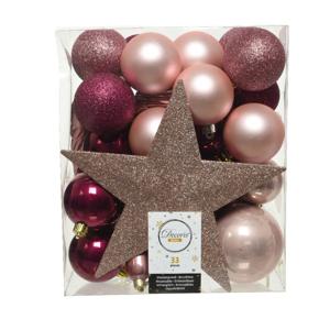 Decoris kerstballen set - 34-dlg - roze tinten - incl. piek - kunststof - kerstversiering