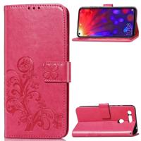 Lucky Clover ingedrukt bloemen patroon lederen draagtas voor Huawei V20 met houder & kaartsleuven & portemonnee & hand strap (Rose rood)