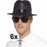 Blues Brothers hoed - 6x - zwart - volwassenen - plastic - Carnaval verkleedhoeden
