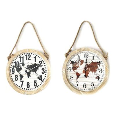 Muurklok DKD Home Decor Zwart Bruin Touw Hout MDF Wereldkaart (2 pcs) (50 x 4 x 50 cm)