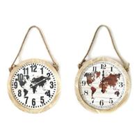 Muurklok DKD Home Decor Zwart Bruin Touw Hout MDF Wereldkaart (2 pcs) (50 x 4 x 50 cm)