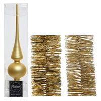 Kerstversiering glazen piek mat 26 cm en folieslingers pakket goud van 3x stuks - thumbnail