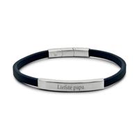 Graveerbare eigen tekst leren mannen armband donkerblauw - Stainless steel ZILVER - Zilver