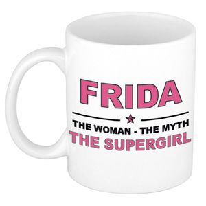 Naam cadeau mok/ beker Frida The woman, The myth the supergirl 300 ml - Naam mokken