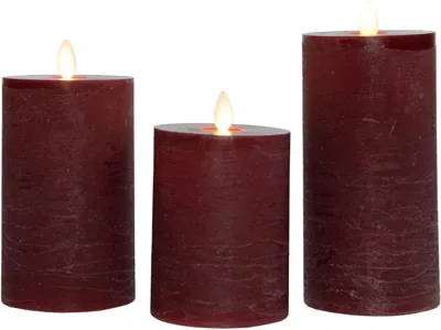 Anna&apos;s Collection LED kaars oplaadbaar flame effect rustiek set 7.5 cm bordeaux 3 stuks