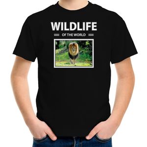 Leeuw t-shirt met dieren foto wildlife of the world zwart voor kinderen