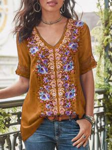 Short Sleeve Cotton-Blend Patchwork V Neck T-shirt