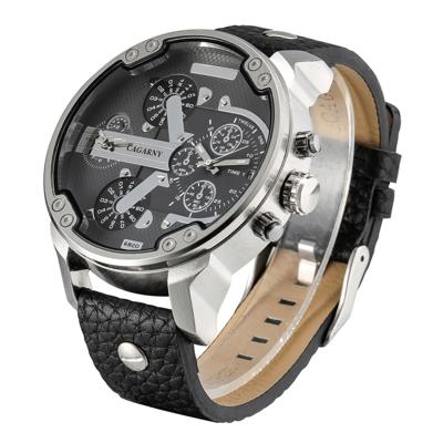 CAGARNY 6820 modieuze multifunctionele stijl Quartz Business Sport polshorloge met lederen Band & GMT tijd & kalender & goed verlicht Display voor Men