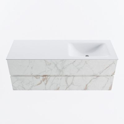 MONDIAZ VICA 130cm badmeubel onderkast Carrara 2 lades. Wastafel CLOUD rechts zonder kraangat, kleur Talc.