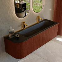 Badmeubel Mondiaz Kurve | 145 cm cm | Meubelkleur Ruby | Wastafelkleur Urban | Solid surface | Wasbak rechter zijde spoelbak | 2 kraangaten Badmeubel Mondiaz Kurve | 145 cm cm | Meubelkleur Ruby | Wastafelkleur Urban | Solid surface | Wasbak rechter zijde spoelbak | 2 kraangaten