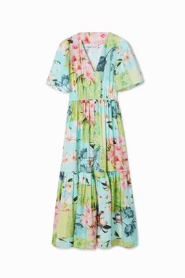 Midi jurk met kersenbloesemprint. - BLUE - M