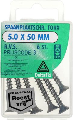 Sp.pl.schr.torx 5,0x50mm rvs 6st - Deltafix