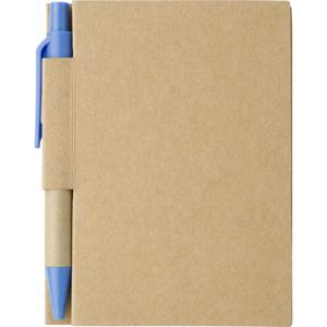Notitie boekje/blok met balpen - harde kaft - beige/blauw - 11 x 8 cm - 80 bladzijden gelinieerd