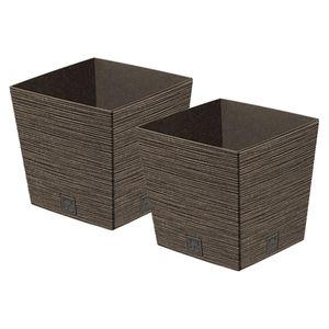 Plantenpot/bloempot - 2x - voor buiten - kunststof - donkerbruin - Eco wood look - D29 x H29 cm