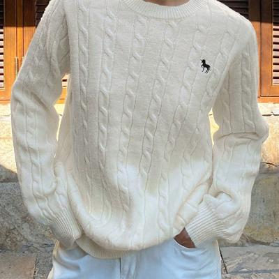 Bon&Bon Women's Navy Blue Polo Collar Cable-Knit Embroidered Sweater White / M