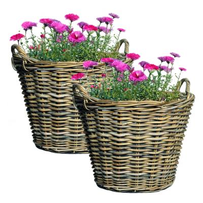 Mega Collections Planten of bloemen mand - 2x - D39 x H23 cm - rond - rotan gevlochten - bloempot