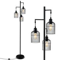 Moderne Vloerlamp 169 cm Industriële Vloerlamp met 3 Kooivormige Kappen Voetschakelaar Stevige Voet Hoge Vloerlamp Zwart