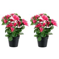 Azalea Kunstbloemen - 2 stuks - in pot - rood/roze - H25 cm