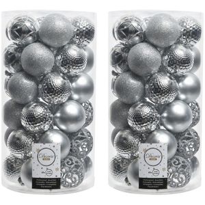 74x Kunststof kerstballen mix zilver 6 cm kerstboom versiering/decoratie   -