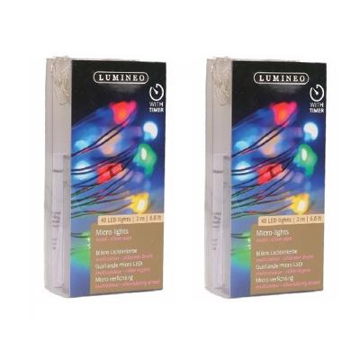 Draadverlichting lichtsnoer - 2x - zilver - 40 led lampjes - gekleurd - 195 cm - zilverdraad