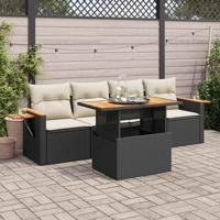 5-delige Loungeset met kussens poly rattan acacia zwart