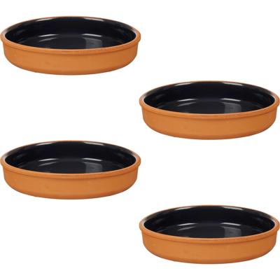Tapas serveerschaal - 4x stuks - terracotta - zwart - D23 x H4 cm - hapjes serveren - ovenschaal - r
