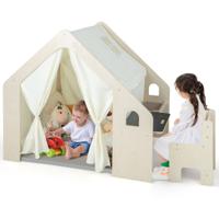 6-In-1 Houten Kindertent met Kindertafel en Stoel Kinderspeelhuis met Mat Schoolbord Opbergdoos Speeltent Speelhuis voor Kinderen 2+