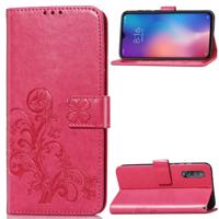 Lucky Clover ingedrukt bloemen patroon lederen draagtas voor Xiaomi mi 9 met houder & kaartsleuven & portemonnee & hand strap (Rose rood)