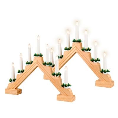 Kaarsenbrug - 2x - naturel - hout - met LED verlichting - 7 led lampjes - 4,8 x 39,5 x 32 cm