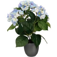 Hortensia kunstplant/kunstbloemen 40 cm - blauw - in pot mat zwart