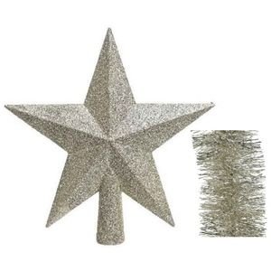 Kerstversiering kunststof glitter ster piek 19 cm en folieslingers pakket champagne van 3x stuks