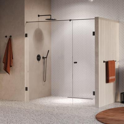 BRAUER Void Carving Nisdeur - 2-delig - 190x200cm - 70cm draaideur aan muur - glascoating - omkeerbaar - helder glas - geborsteld gunmetal PVD GS-VOCN2H70120200GM